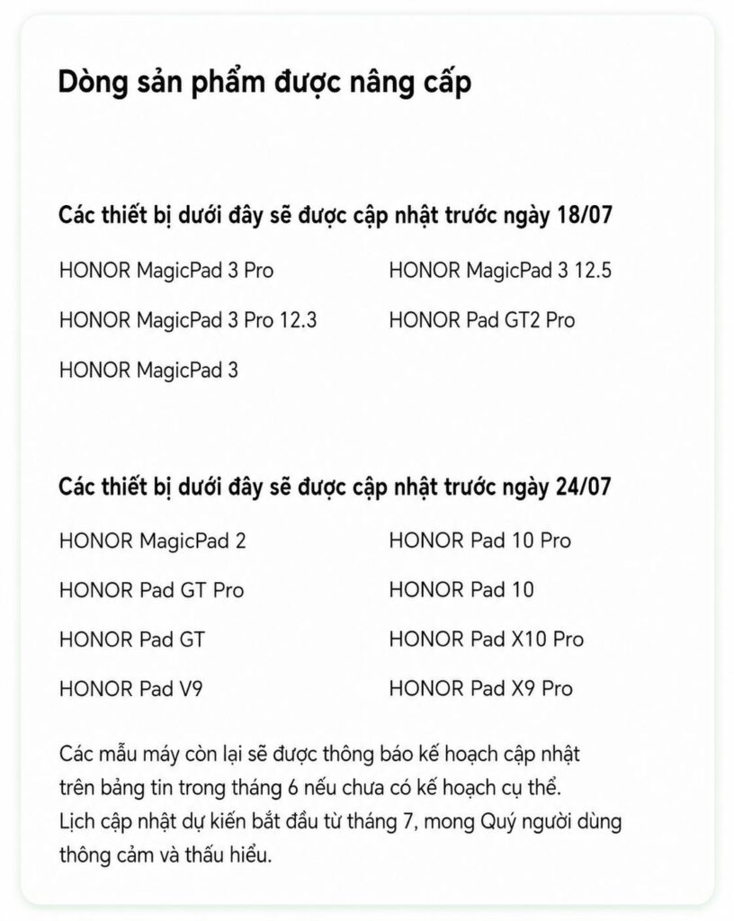 Máy tính bảng HONOR tiếp tục nhận cập nhật phần mềm trong tháng 7